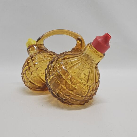 Vtg Amber Glass Oil Vinegar Cruet Set Diamond Pattern Red Yellow Spout Handle - Picture 5 of 13